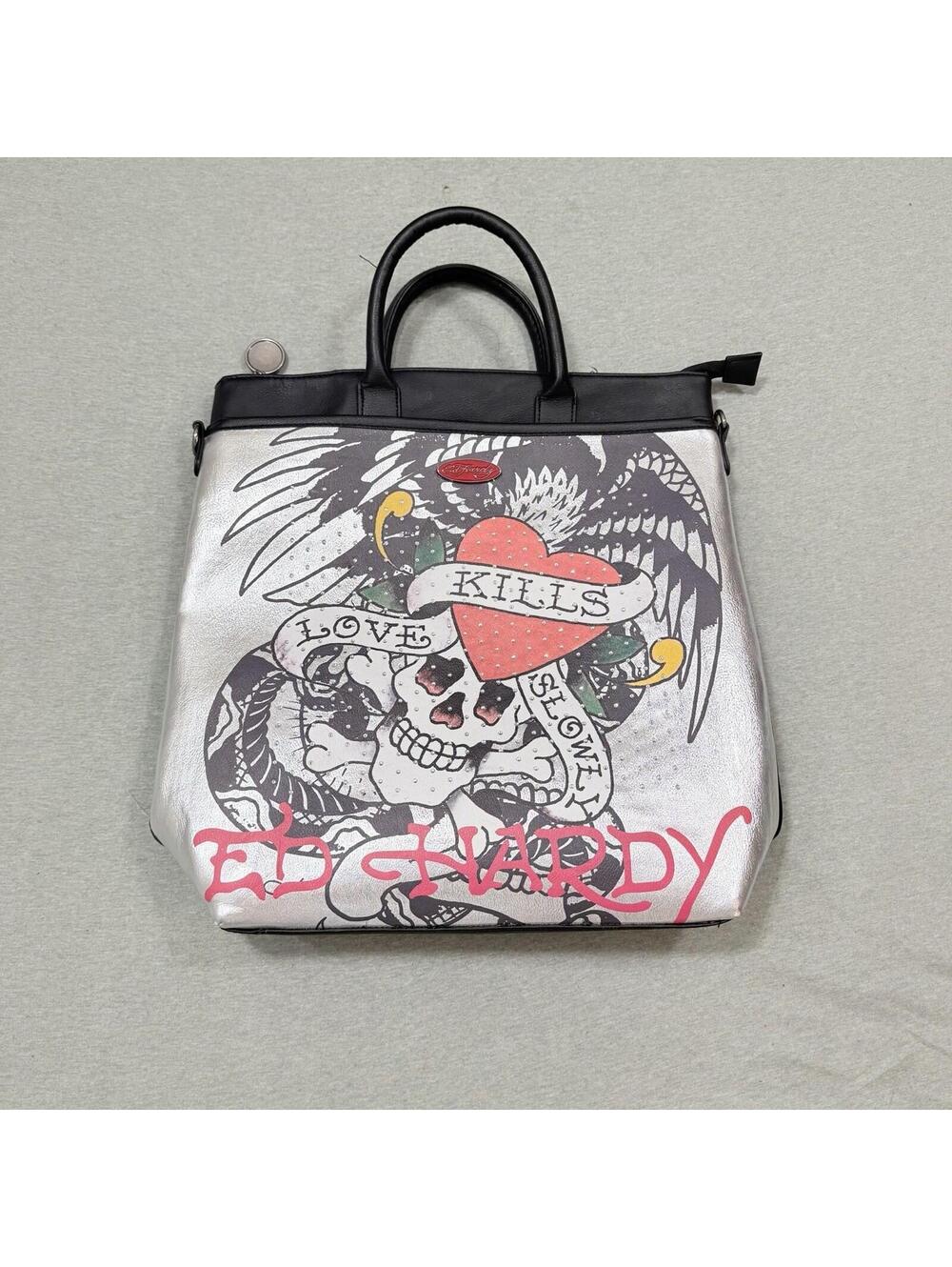 Ed Hardy Backpack & Tote‎ Bag Love Kills Slowly Y2K Rhinestone Skull Zippers